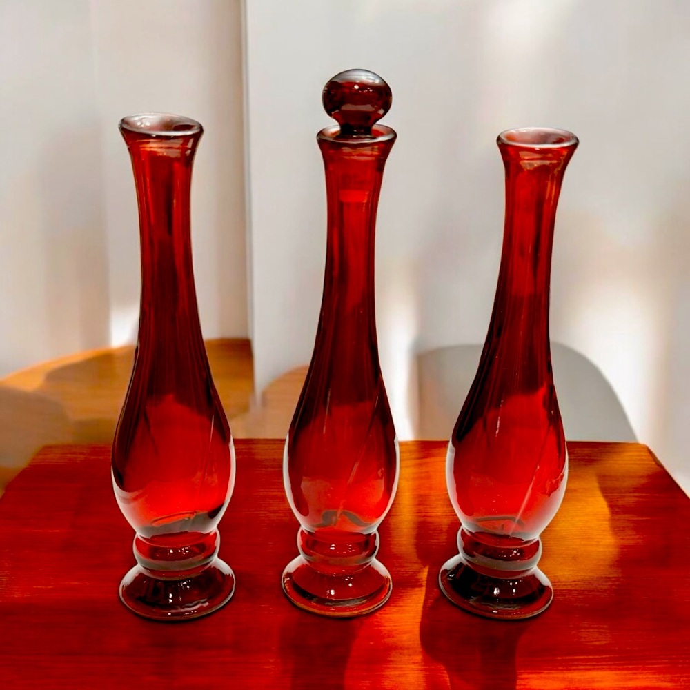 Set of 3 AVON Ruby Red Bud Vase Curved Slim Swung Style 1960/70s Vintage